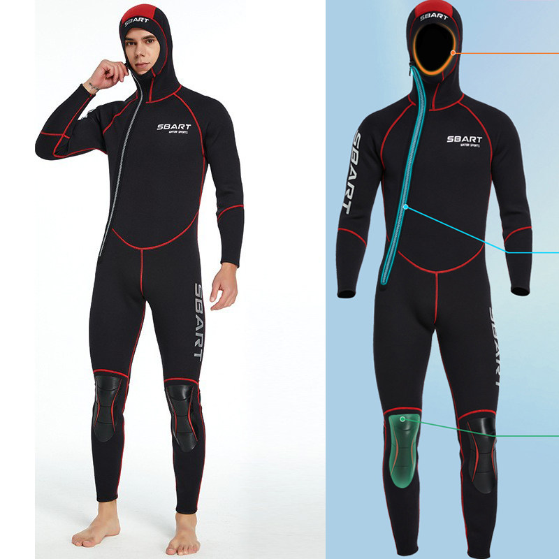 3mm潜水服男款内里加绒保暖连帽冲浪深潜猎鱼服冬泳连体游泳湿衣