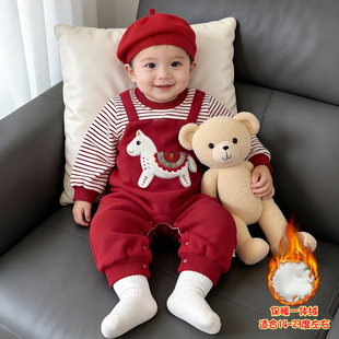 男宝宝连体衣新年红色卡通小马周岁婴儿哈衣秋冬加绒长袖拜年爬服