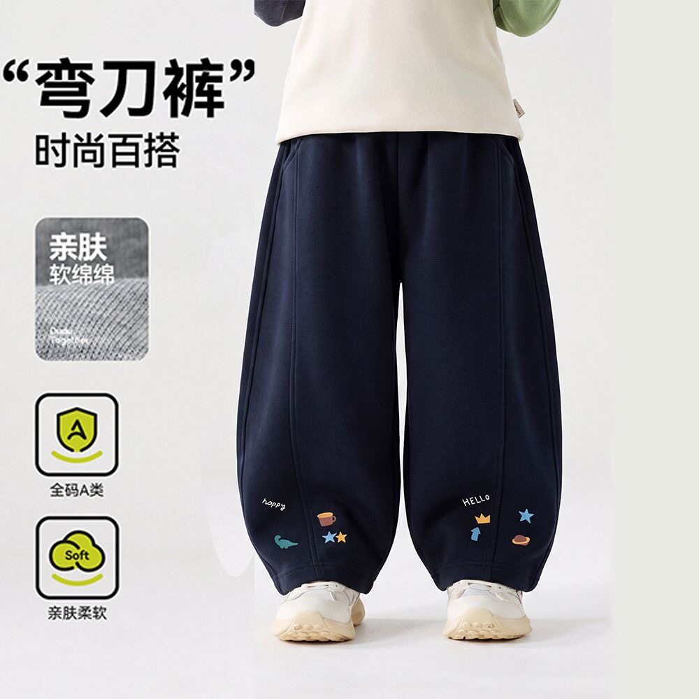 儿童裤子秋款男童弯刀裤运动秋装女童长裤宽松卡通印花儿童休闲裤
