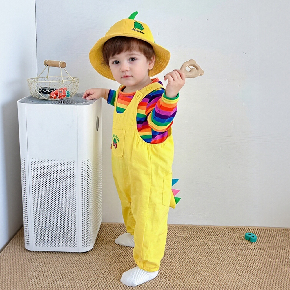 婴儿衣服春秋款长袖男女宝宝连体套装卡通恐龙背带爬服外出两件套