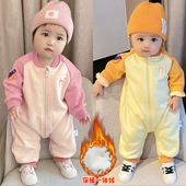 加绒春装 新生儿衣服保暖睡衣外套 婴儿连体衣超萌宝宝哈衣爬服冬季