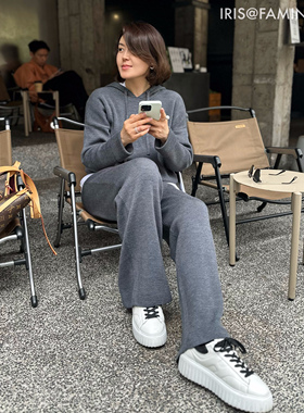 FAMINI针织上衣阔腿裤套装女休闲慵懒风灰色高腰显瘦减龄直筒长裤