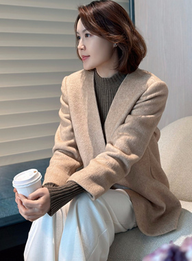 FAMINI无领西装外套骆驼绒气质高级感纯色2025新款秋冬装