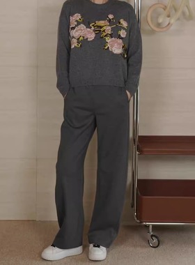 FAMINI秋冬羊毛裤阔腿裤女休闲慵懒风显瘦直筒长裤减龄休闲裤