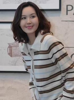 FAMINI羊毛polo领条纹针织开衫翻领针织女秋冬双口袋毛衣外套