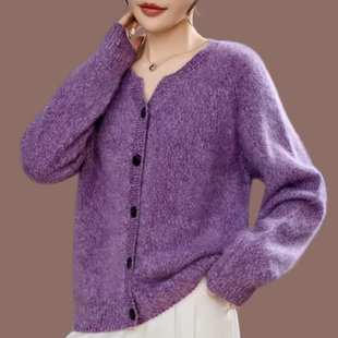 外套短款羊毛衫韩版慵懒风拉绒拉毛宽松大码纯色花纱针织衫女开衫