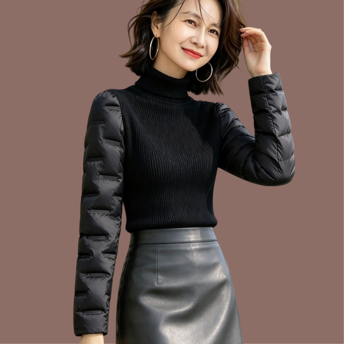 羽绒袖拼接针织毛衣打底衫加绒90白鸭绒配皮草马甲的女士黑色小衫