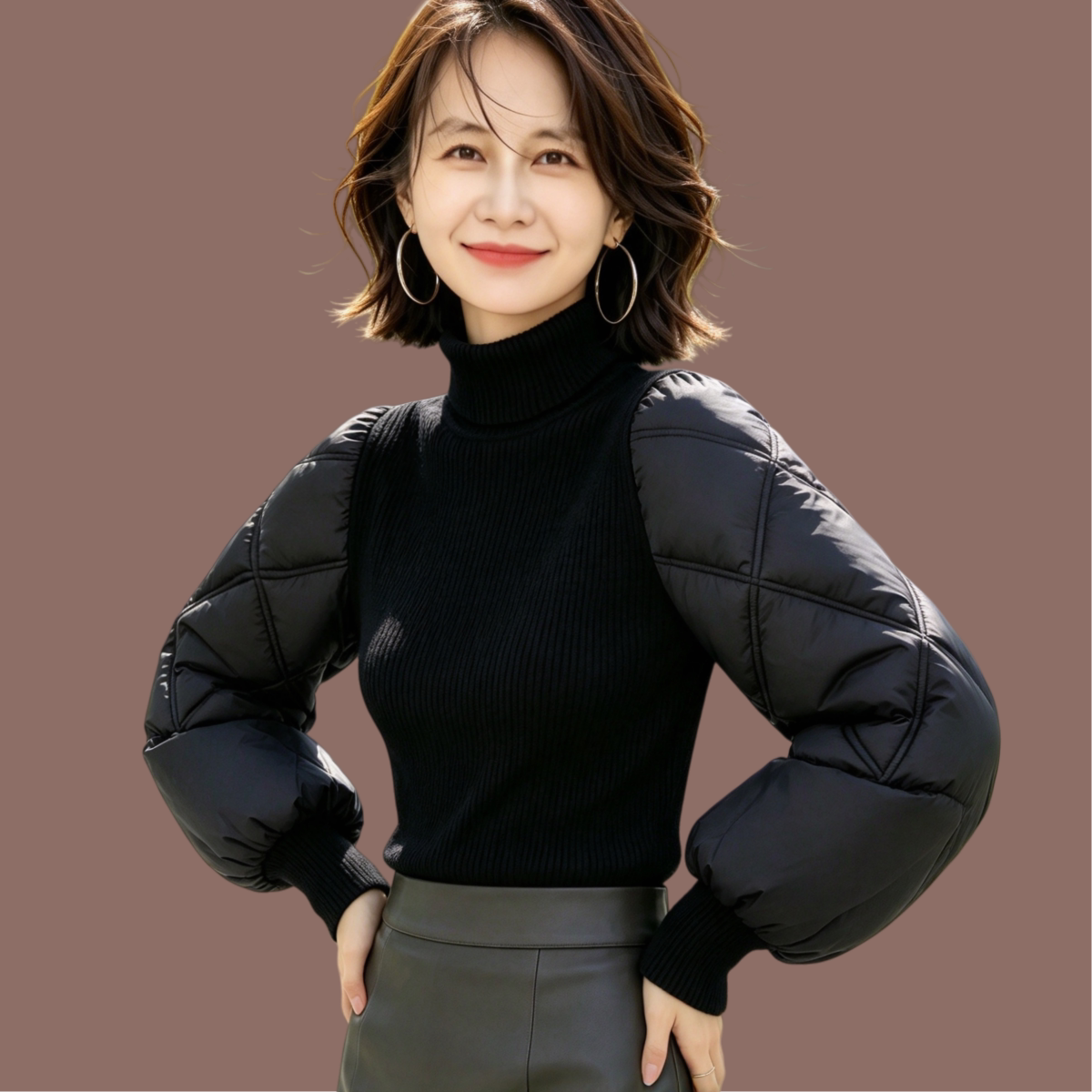 羽绒袖打底衫女冬新款白鸭绒加厚配马甲的时尚毛衣黑色修身针织衫