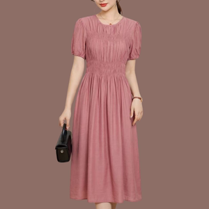 连衣裙中年妈妈弹力褶皱大码纯色时尚洋气显瘦气质减龄装长款裙子
