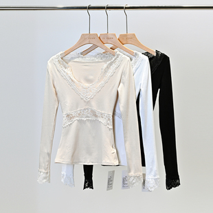 镂空蕾丝收腰小妖精2026春夏新款长袖修身T恤V领显瘦
