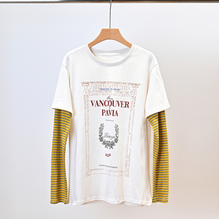 花少7马思纯同款假两件高奢棉感舒适透气宽松长袖T恤女中长款上衣