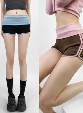 复古拼色高腰卷边显瘦休闲短裤女辣妹运动热裤潮春夏撞色紧身瑜伽