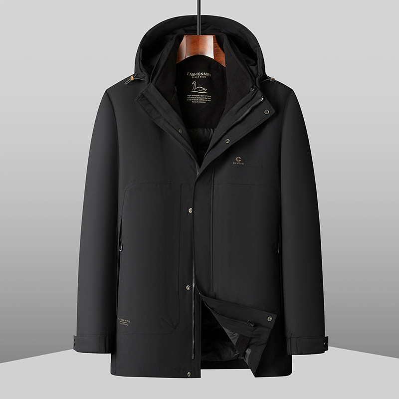 中老年爸爸冬季外套男装宽松加肥加大码胖子可脱卸帽羽绒服 鹅绒