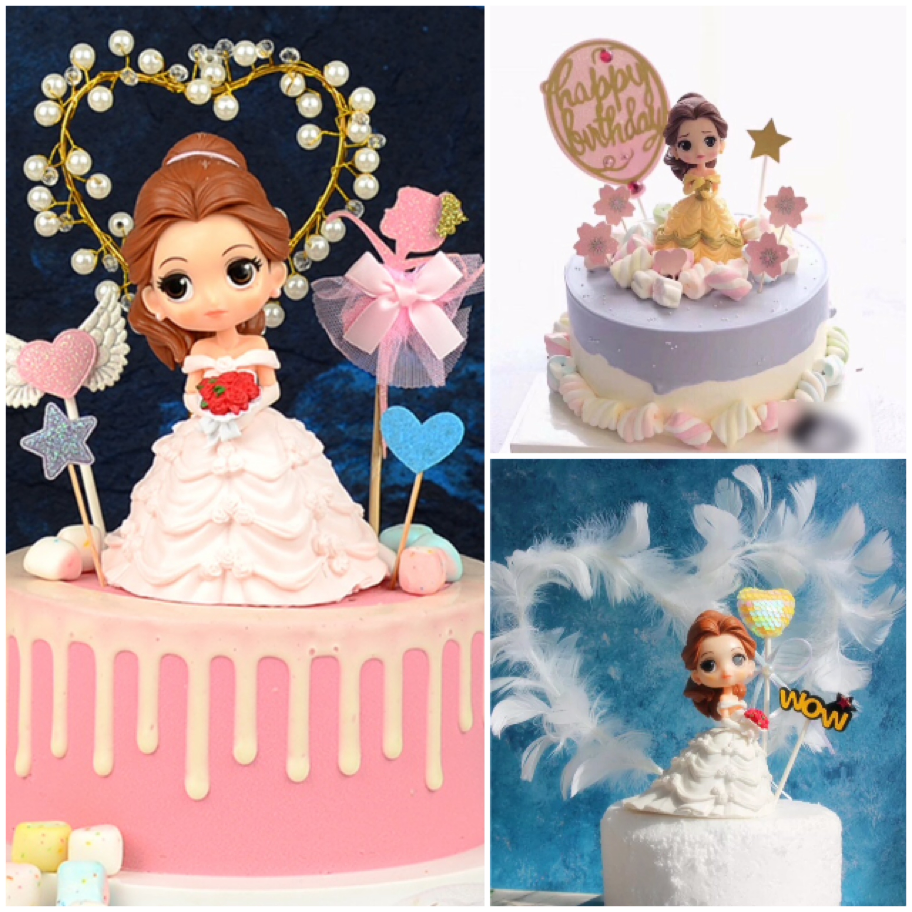 女孩生日蛋糕卡通装饰摆件婚纱白色粉色黄色贝尔公主