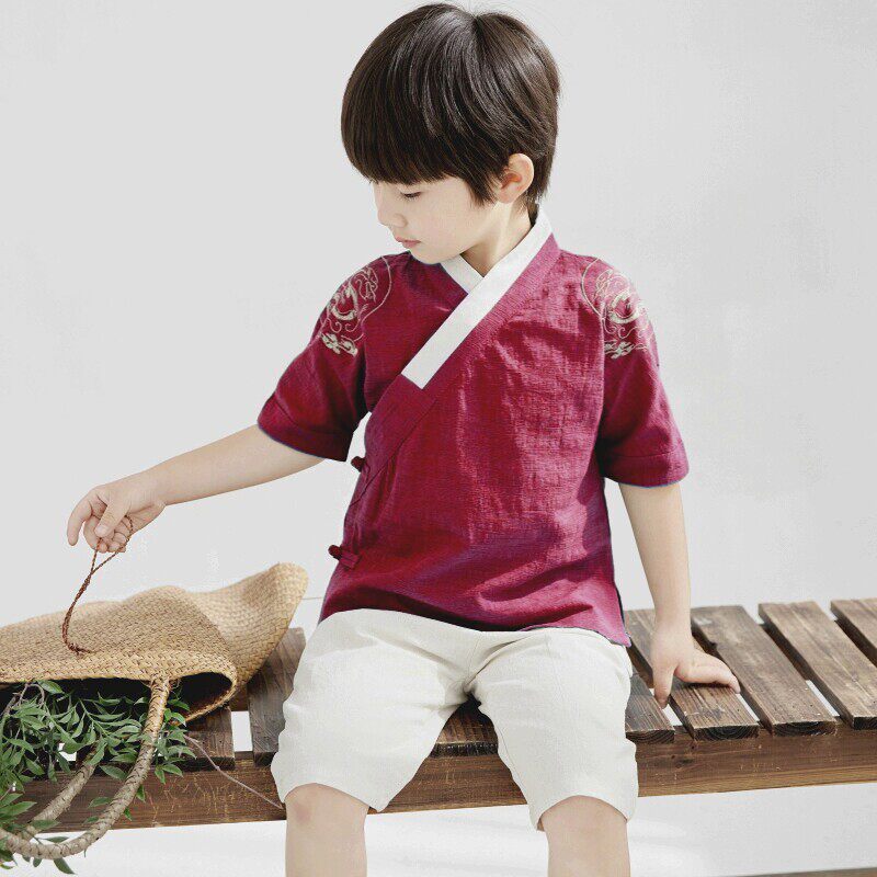 男童夏季薄款棉麻汉服交领套装图片