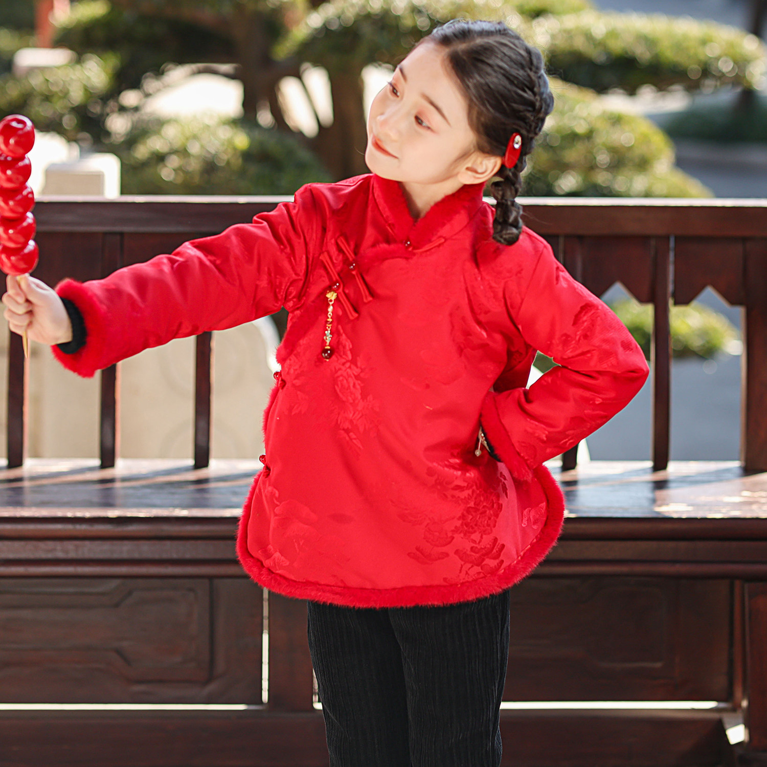 叙罗儿童拜年服冬季大红喜庆外套女童过年新衣中国风演出唐装棉服