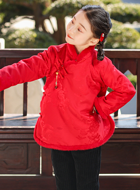 叙罗儿童拜年服冬季大红喜庆外套女童过年新衣中国风演出唐装棉服