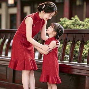 叙罗儿童旗袍夏季红色中国风连衣裙母女装新中式礼服女童改良旗袍