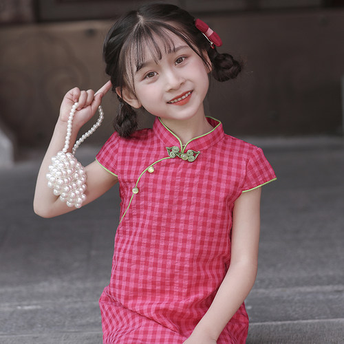 叙罗女童旗袍格子裙夏季新款汉服