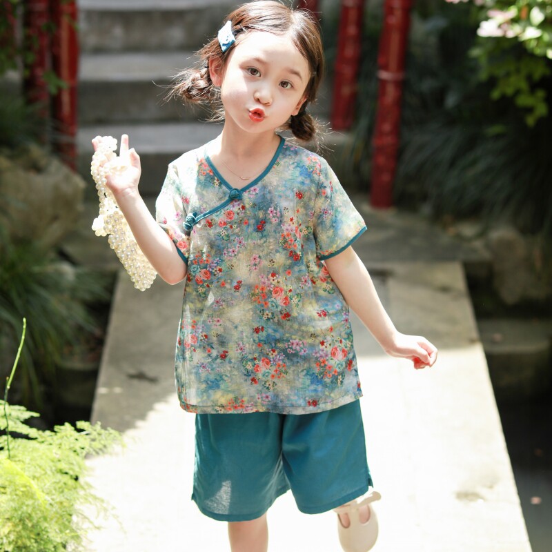 女童汉服套装女宝宝夏季薄款小女孩古装短袖唐装儿童改良碎花童装