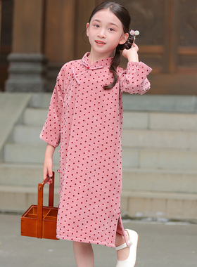 叙罗儿童旗袍春秋季9分袖气质连衣裙女童小旗袍女孩子新中式长袍