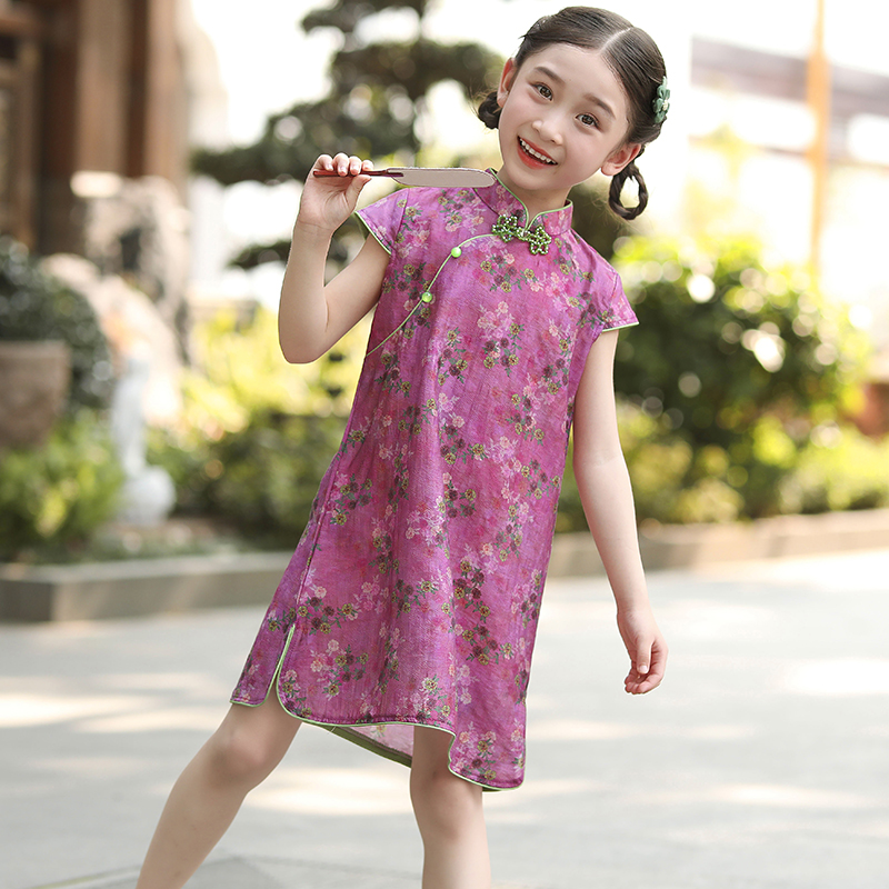 叙罗女童旗袍改良夏季新中式汉服儿童碎花古风连衣裙轻薄旗袍裙