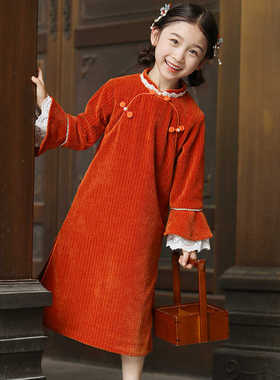 儿童旗袍春季新款中国风长袖洋气改良儿童唐装女孩汉服古风连衣裙