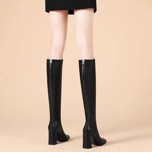 超舒适不过膝长靴女2025新款 高筒靴粗跟方头骑士靴长筒靴 高跟鞋