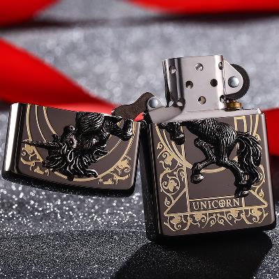 zippo打火機zippo正版 雙面雕刻 黑冰鍍金獨角獸貼章 吉祥靈獸
