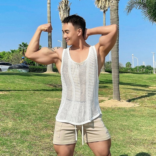 辉先生夏季镂空大开叉背心