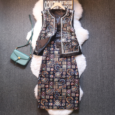 民族风二件套刺绣马甲花色半身裙