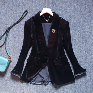 外套气质天鹅绒西服女上衣 时髦胸花黑色金丝绒小西装 2026新款 韩版