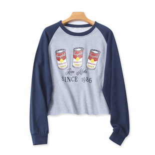 外贸毛圈卫衣 春秋新款毛边字母印花T恤衫 女装短款休闲上衣08021