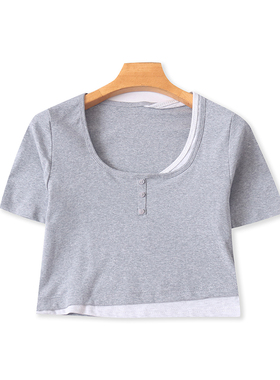 圆领假两件T恤衫夏季短袖百搭打底衫短款体恤女套头外贸上衣12494