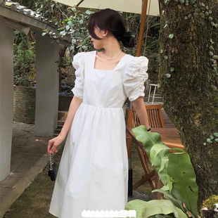 棉方领露背连衣裙夏季 收腰甜美外单气质A字裙01134 新款 纯色女长款