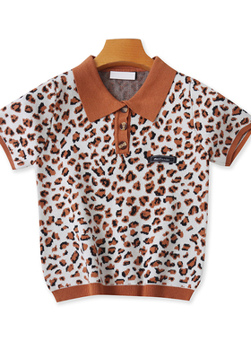 翻领针织豹纹拼色T恤衫夏季新款短袖弹力短款体恤打底女上衣21193