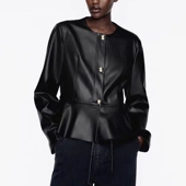 显瘦纽扣开衫 长袖 时尚 PU皮皮衣春秋新款 外套 女圆领黑色上衣18242