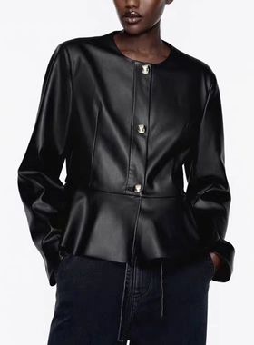 PU皮皮衣春秋新款显瘦纽扣开衫长袖时尚外套 女圆领黑色上衣18242