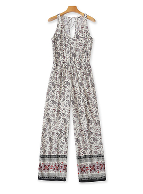 外贸V领人棉碎花连体衣夏季新款露背显瘦无袖背心女直筒裤子12284