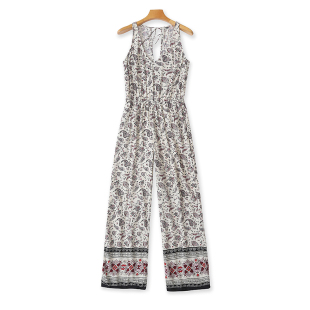 背心女直筒裤 露背显瘦无袖 子12284 新款 外贸V领人棉碎花连体衣夏季