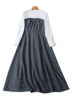 长款立领拼接长袖连衣裙春秋新款显瘦女套头拼色收腰A字裙子15302