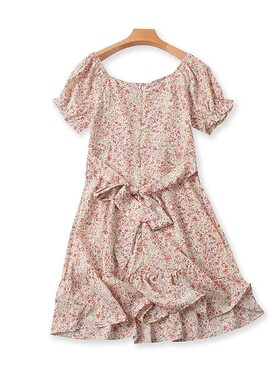 小清新碎花连衣裙 夏季新款系带中长款女A字显瘦外贸女裙子 01084