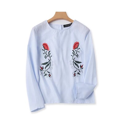 韩版长袖条纹刺绣后背纽扣女衬衫