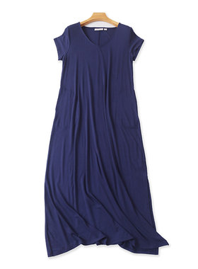 莫代尔V领长款连衣裙 夏季新款宽松弹力女显瘦时尚外贸裙子 09373