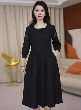 法式气质镂空连衣裙夏季新款收腰7分袖时尚女套头中长款裙子09163