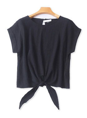 外贸圆领短袖T恤衫 夏季新款宽松打结时尚女套头体恤衫上衣 21124