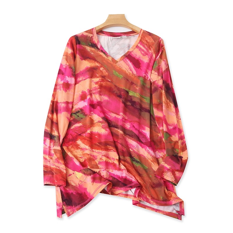 外贸长袖V领扎染T恤衫 春秋新款宽松大板体恤 女中长款上衣 23483
