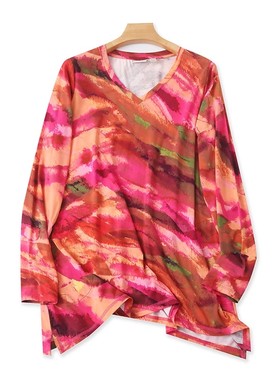 外贸长袖V领扎染T恤衫 春秋新款宽松大板体恤 女中长款上衣 23483