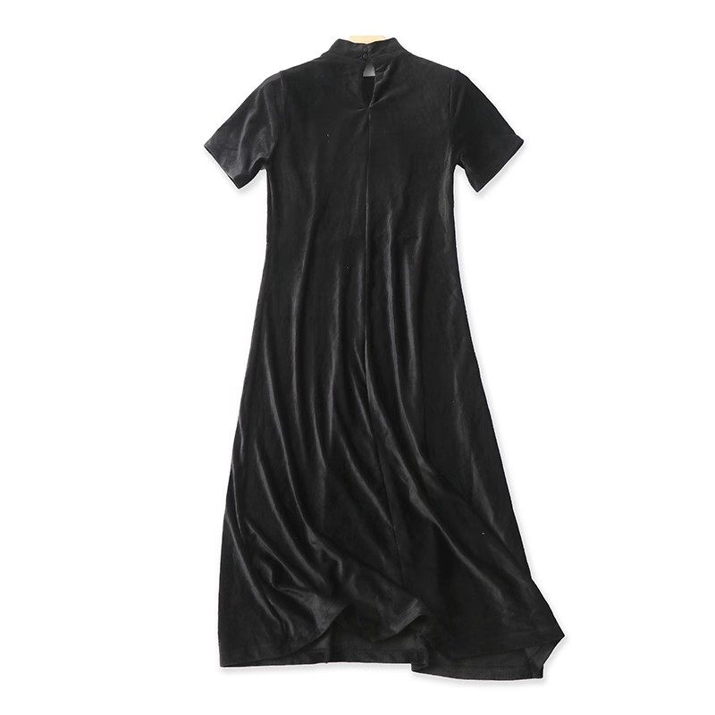 立领灯芯绒连衣裙 春秋新款长款显瘦宽松短袖裙 女外贸裙子 23354