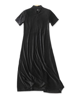 立领灯芯绒连衣裙 春秋新款长款显瘦宽松短袖裙 女外贸裙子 23354